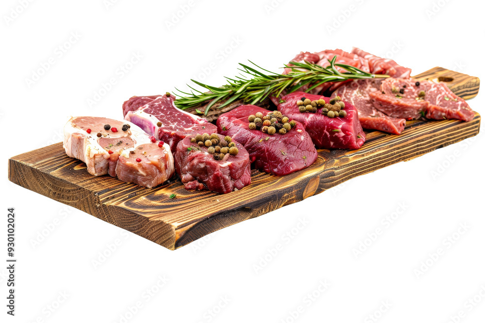 Assorted fresh raw meat cuts with rosemary and pepper arranged on a wooden board, isolated on a white background, emphasizing the quality and appeal of the meat Assorted fresh raw meat cuts with rosemary and pepper arranged on a wooden board, isolated on a white background, emphasizing the quality and appeal of the meat