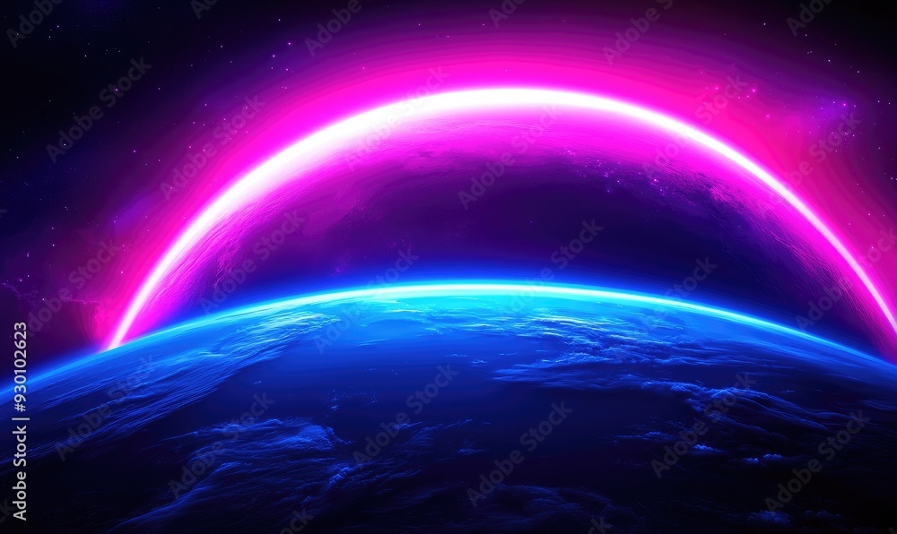 Fototapeta premium A vibrant cosmic landscape showcasing a glowing horizon with vivid pink and blue hues against a starry backdrop.