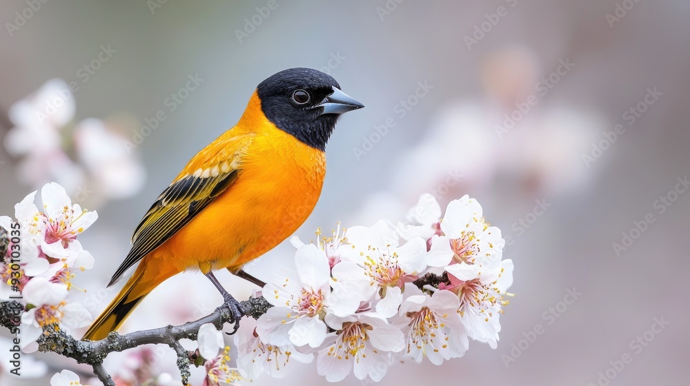 Fototapeta premium A vibrant orange bird perched on a blooming branch, showcasing the beauty of nature and spring's arrival.