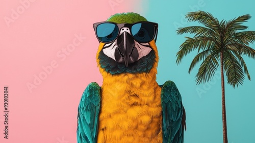 A vibrant parrot wearing sunglasses against a colorful background with a palm tree, perfect for summer-themed visuals.
