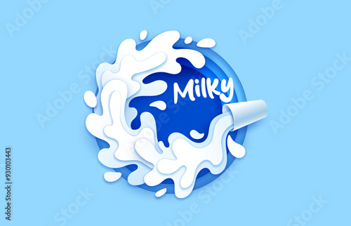 Paper cut milk glass with drink flow wave, splash and drops, vector dairy farm food and beverage. 3d origami art white circle swirl, paper cut milk pouring from glass cup in round layered frame