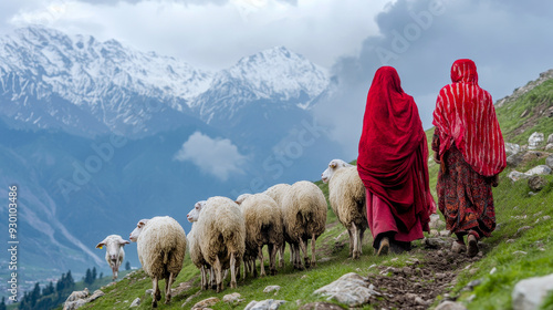 Two shepherds walking with their flock of sheep in the himalayan mountains