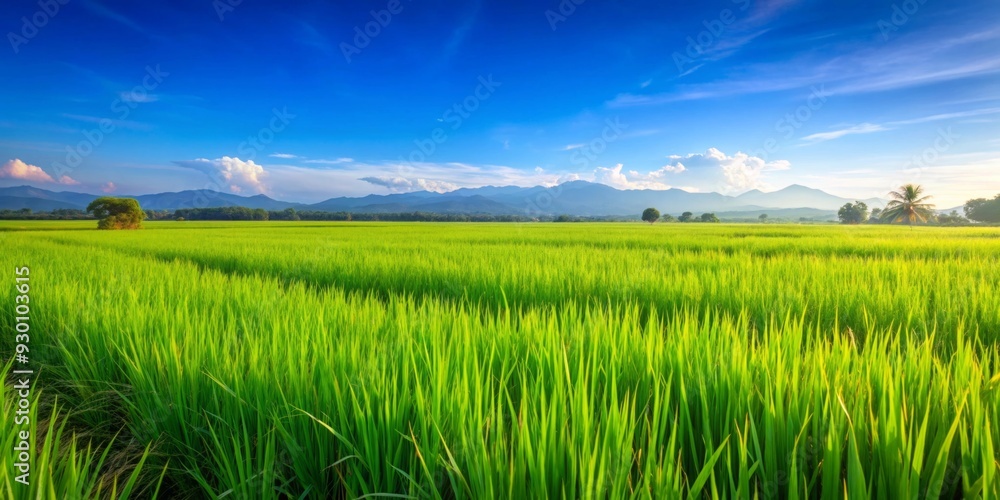 Fototapeta premium Close up view of lush green paddy field under clear blue sky, paddy field, agriculture, rice, farming, landscape, nature, crop