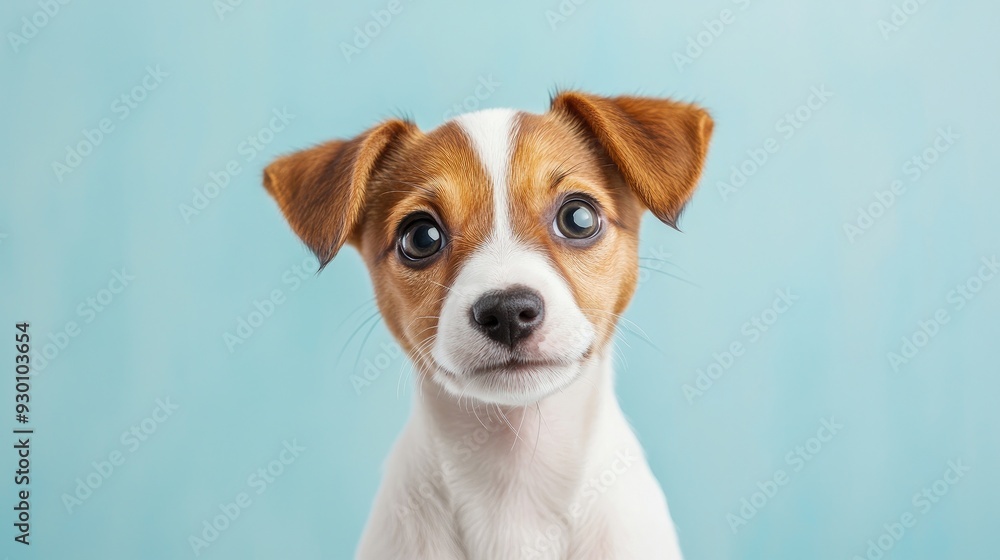 Adorable puppy with brown and white fur looking curiously at the camera against a soft blue background. Adorable puppy with brown and white fur looking curiously at the camera against a soft blue background.