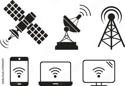 Collection of wireless satellite technology vector icons. Antenna, satellite and satellite dish icons on white background. Vector illustration