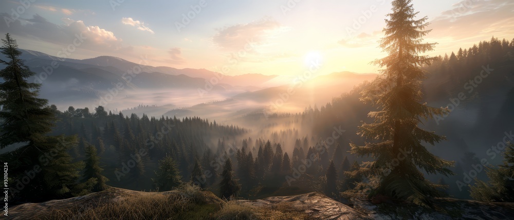 Fototapeta premium A sunrise painting over mountain ranges, forests in foreground, foggy background