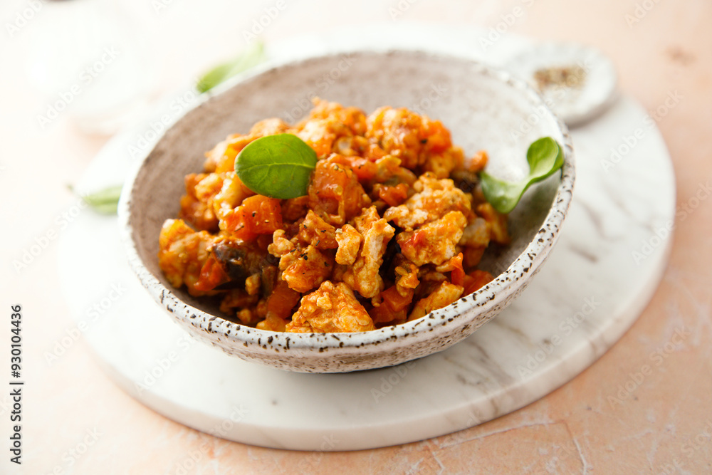 Homemade chicken ragout with tomato and spinach Homemade chicken ragout with tomato and spinach