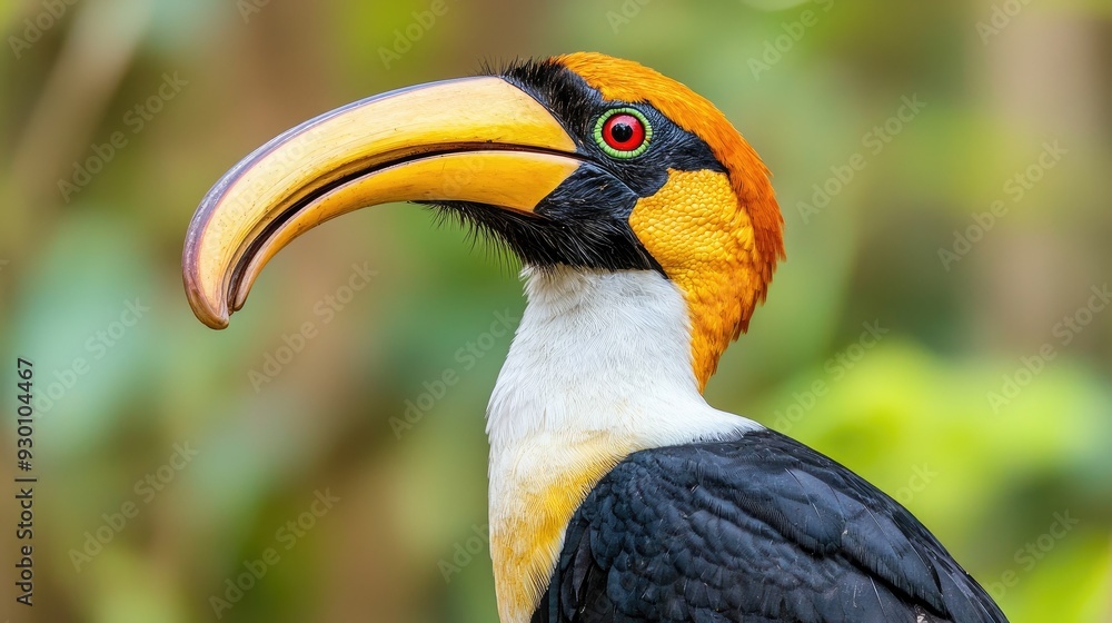 Close-up of a vibrant hornbill showcasing its colorful beak and striking plumage in a lush natural environment. Close-up of a vibrant hornbill showcasing its colorful beak and striking plumage in a lush natural environment.