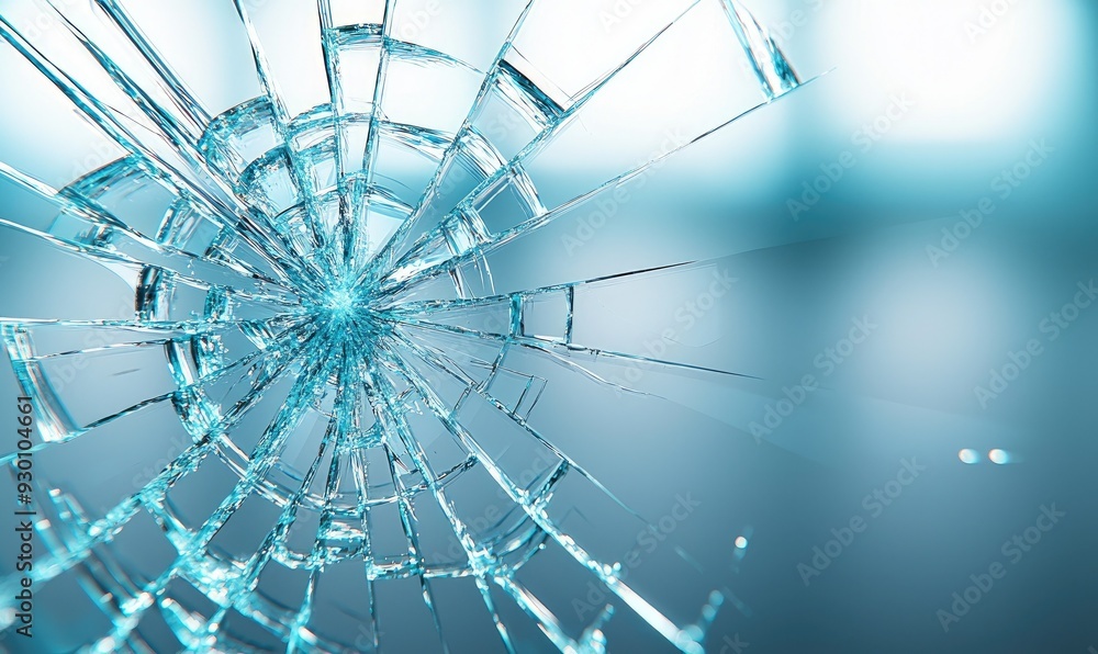 Obraz premium Close-up view of a shattered glass surface with intricate patterns and a soft blue background, highlighting fractures and reflections.