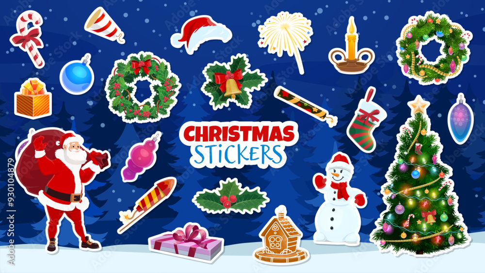 Fototapeta premium Cartoon Christmas stickers for winter holiday and New Year, vector icons. Christmas Santa with gifts bag, snowman and gingerbread cookie, fireworks and petards with Xmas tree and decoration stickers