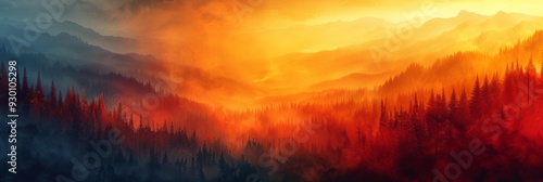 Landscape Painting of Sunset, Mountains and Trees