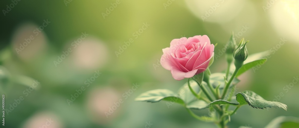 A pink flower with distinct green leaves in the foreground, softly blurred background of identical pink flowers A pink flower with distinct green leaves in the foreground, softly blurred background of identical pink flowers