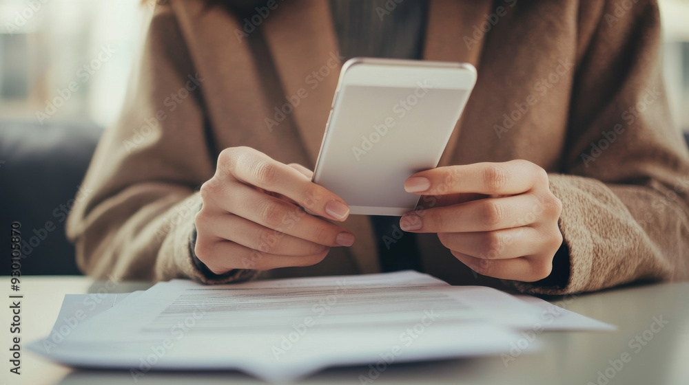 Close-up of someone capturing a document with a phone, showing a clear and professional image against a neutral background Close-up of someone capturing a document with a phone, showing a clear and professional image against a neutral background