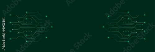 Futuristic dark green circuit board background, emphasizing the tech-driven design. AI banner surrounded by a digital data matrix. Quantum computer technologies concept. Modern technology circuit.