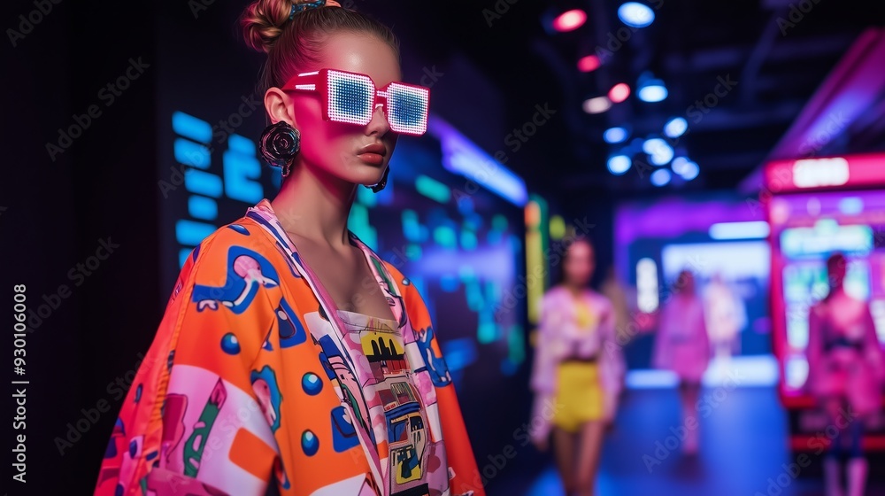 A vibrant runway showcases candy-colored '80s and '90s fashion with bold accessories and neon arcade vibe. A vibrant runway showcases candy-colored '80s and '90s fashion with bold accessories and neon arcade vibe.