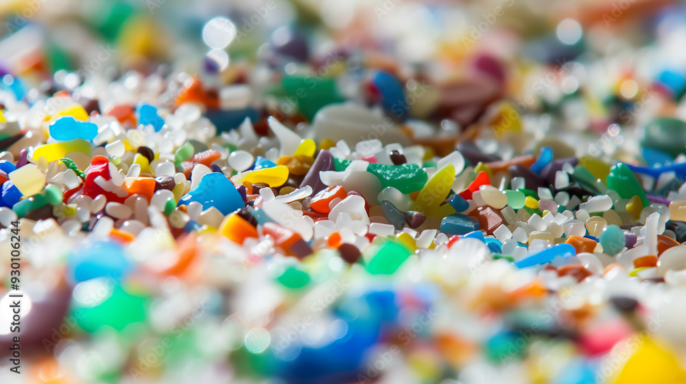 Close-up of Multicolored Microplastics on a Reflective Surface Close-up of Multicolored Microplastics on a Reflective Surface