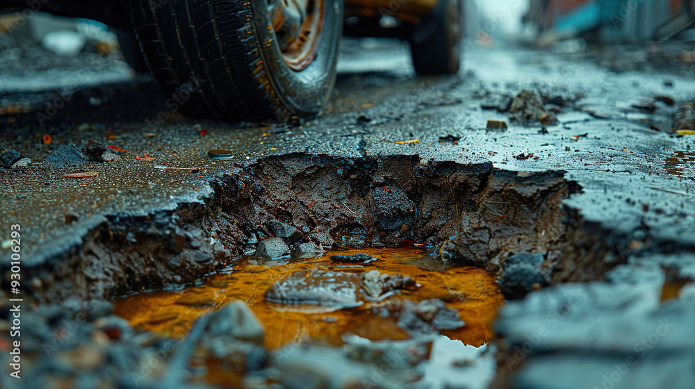 Flat Tire in a Large Pothole on a Wet Road Flat Tire in a Large Pothole on a Wet Road