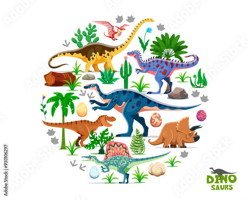 Prehistoric dinosaurs and dino eggs of Jurassic era and funny lizard characters, cartoon vector. Funny dinosaur mothers with eggs of T-rex tyrannosaurus, triceraptors or spinosaurus with pteranodon