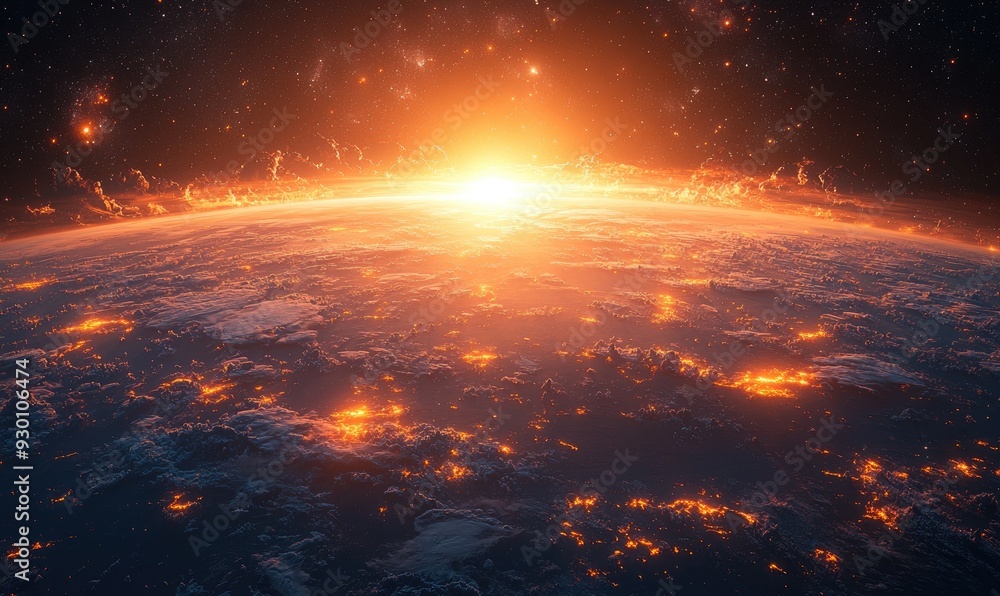 Stunning view of a planet at sunrise, showcasing vibrant colors and atmospheric beauty against a starry background. Stunning view of a planet at sunrise, showcasing vibrant colors and atmospheric beauty against a starry background.