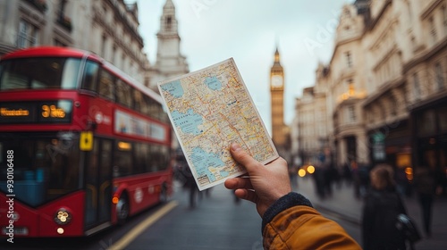 A close-up of a hand holding a detailed tourist map amidst the busy streets of London, with the iconic red double-decker buses and historic buildings creating a lively and textured scene