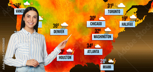 Fotografía Weather broadcaster presenting forecast against map of USA