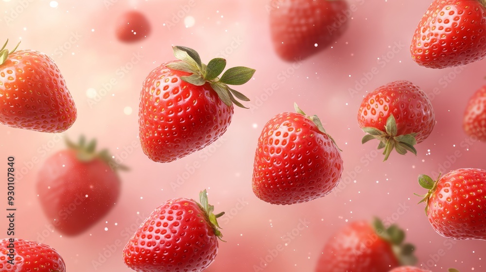 Floating Fresh Strawberries on Pink Background Floating Fresh Strawberries on Pink Background