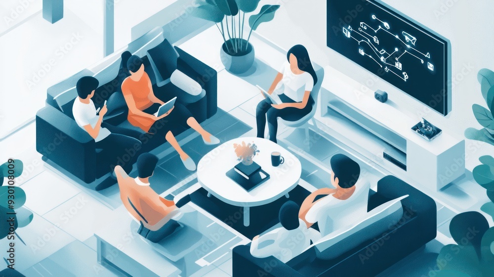 An isometric illustration showing a group of people having a discussion in a modern living room setting with a digital schematic on the wall display. An isometric illustration showing a group of people having a discussion in a modern living room setting with a digital schematic on the wall display.