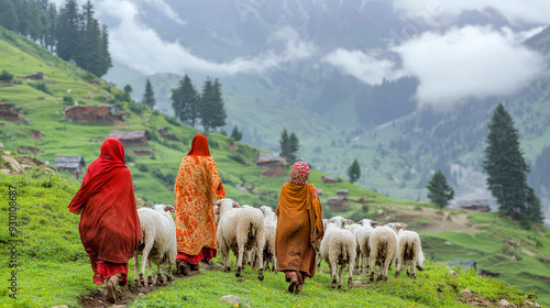 Three shepherds walking up a lush green mountainside with their flock of sheep in the pakistan mountains