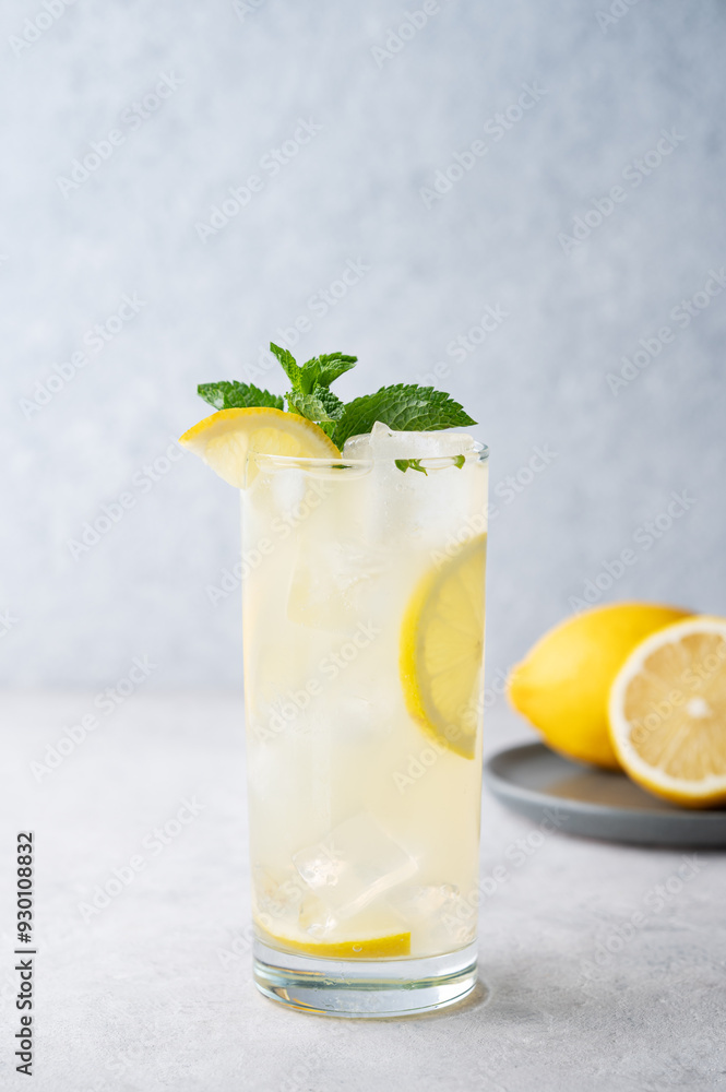 Freshness mojito drink with lemon, mint and ice. Citrus lemonade on a light background with fruits. Freshness mojito drink with lemon, mint and ice. Citrus lemonade on a light background with fruits.