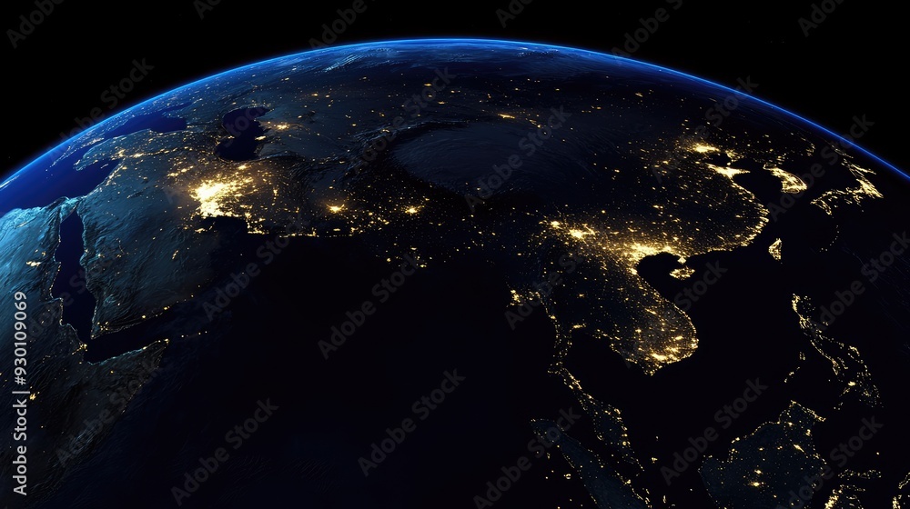 Obraz premium A satellite image of Earth at night, showing the bright city lights of Asia, with China and India standing out.