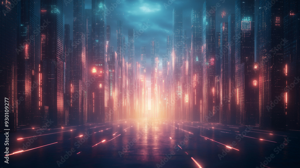 A cityscape with a bright orange light shining down on a road A cityscape with a bright orange light shining down on a road