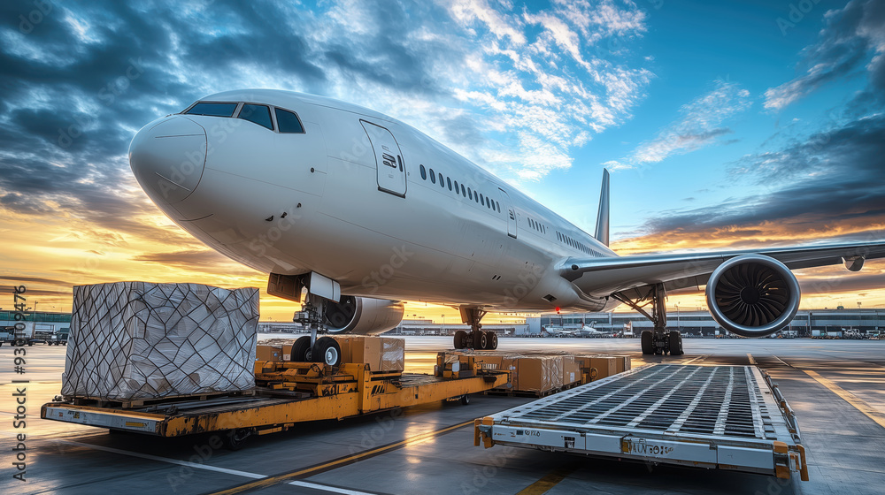 Sunset Cargo Loading at Airport. Cargo pallets are loaded onto an airplane during sunset, showcasing the smooth logistics process during optimal weather conditions. Sunset Cargo Loading at Airport. Cargo pallets are loaded onto an airplane during sunset, showcasing the smooth logistics process during optimal weather conditions.