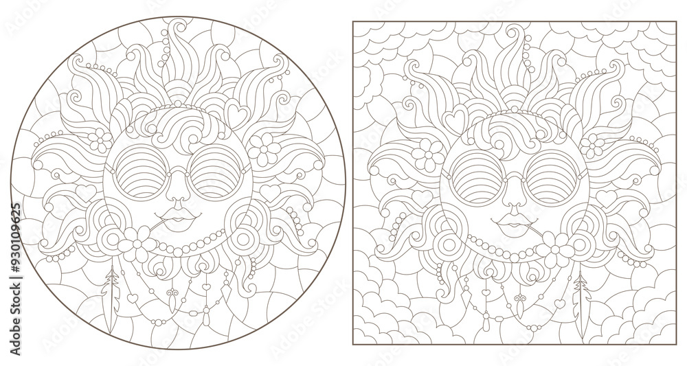 Set contour illustrations of stained glass sun with face, round and square image, dark outline isolated on a white background Set contour illustrations of stained glass sun with face, round and square image, dark outline isolated on a white background