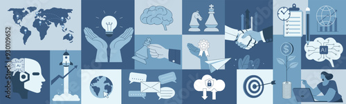 Set of business concepts, Business symbol presentation, Creating new innovations, Application of artificial intelligence, Support or promote marketing, Vector design for social media, web banner.