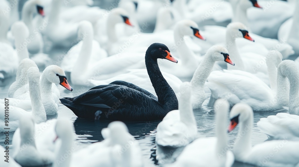 Obraz premium A single black swan surrounded by white swans, representing different leadership and the courage to be unique.