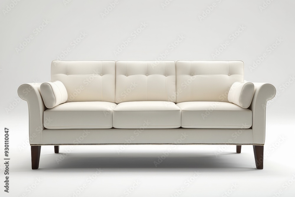 White tufted sofa with wooden legs and armrests White tufted sofa with wooden legs and armrests