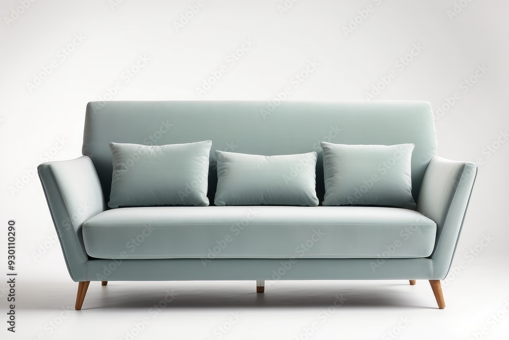 Light Blue Velvet Sofa with Three Pillows and Wooden Legs Light Blue Velvet Sofa with Three Pillows and Wooden Legs