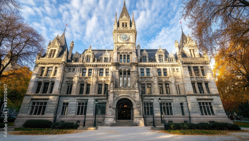Fototapeta premium Stone building with clock tower and autumn leaves.