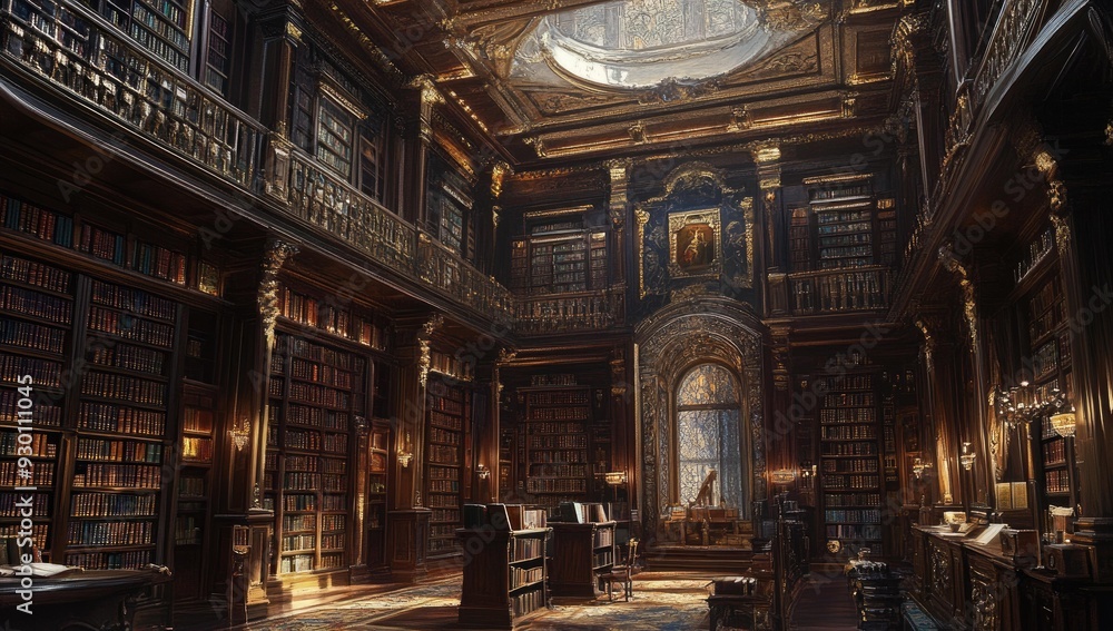 Fototapeta premium Ornate library with bookshelves and a grand window.