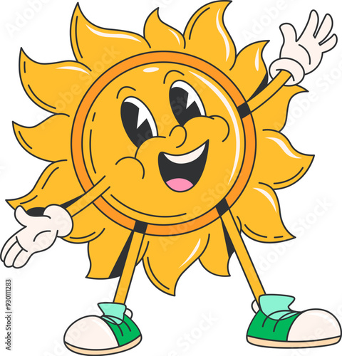 Cartoon retro groovy sun character. Vintage hippie vector personage of happy summer sunshine with cheerful smile and open arms offering hugs. Funny groovy yellow sun emoji, warm sunny weather emoticon