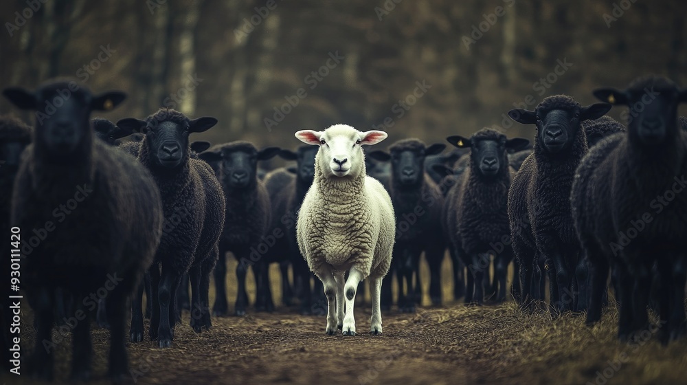 Fototapeta premium A white sheep leading a group of black sheep, highlighting the concept of being different and special.