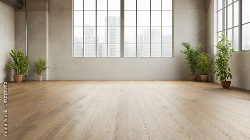 A large room with a window and two potted plants A large room with a window and two potted plants