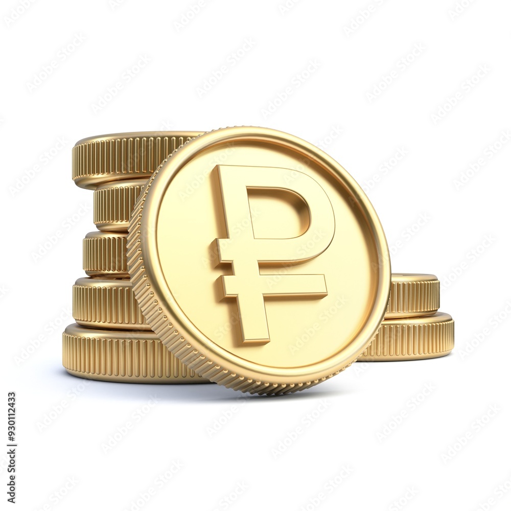 Golden coins with ruble currency symbol 3D