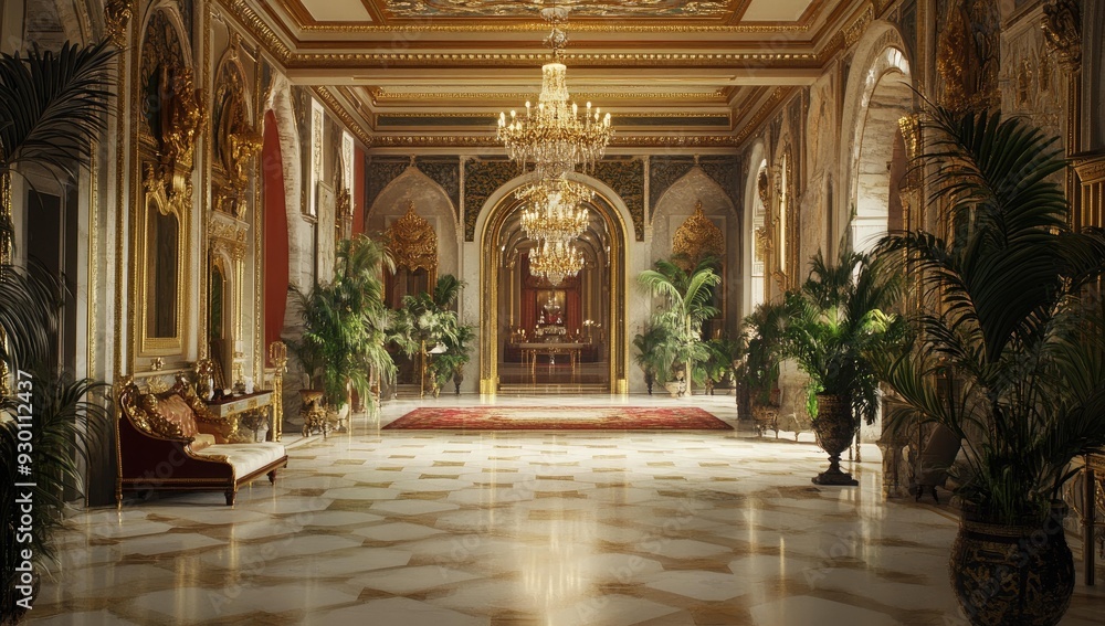 Ornate hallway with plants and a chandelier. Ornate hallway with plants and a chandelier.