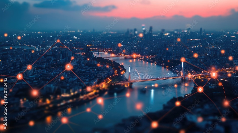 Obraz premium Abstract view of smart city lights by night, with glowing river bridges and network connectivity, representing modern technology.