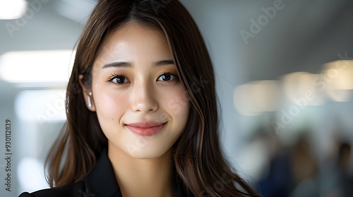 A realistic image captured by a skilled photographer features a smiling female employee in a Japanese office with long hair who works overtime.