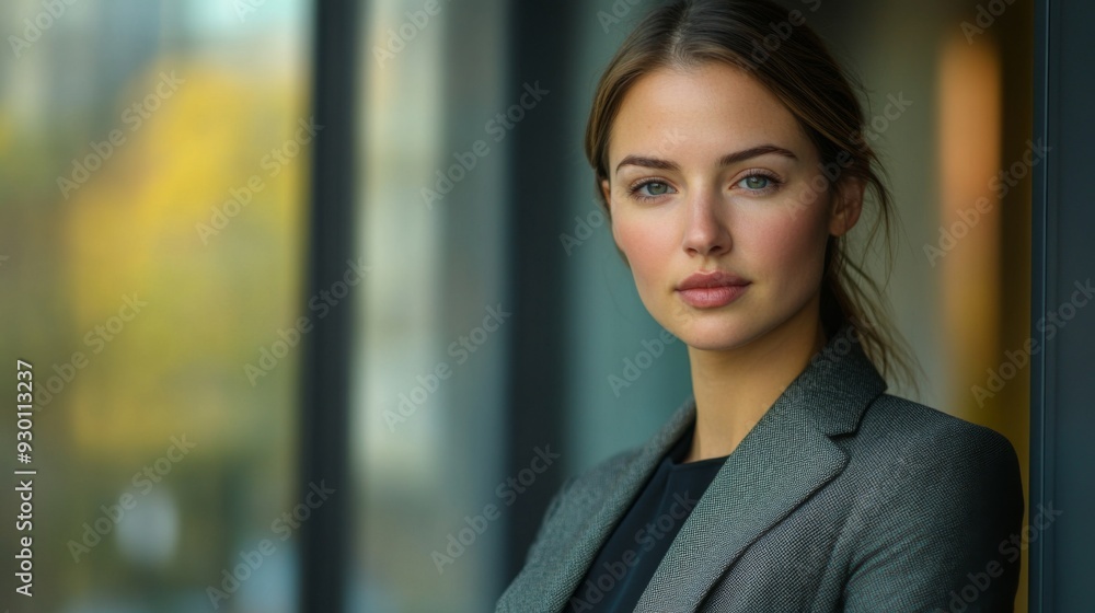 Naklejka premium A clear, high-definition portrait of a businesswoman with a serious yet approachable demeanor, dressed in executive attire and ready for a meeting.
