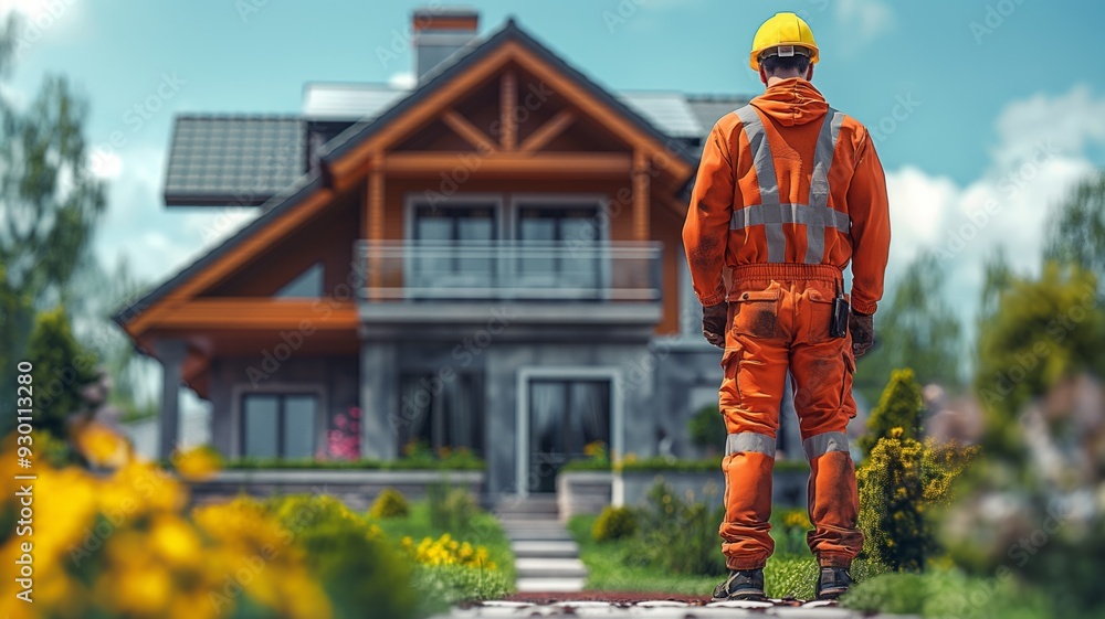 Construction Worker Standing in Front of a New Home Construction Worker Standing in Front of a New Home