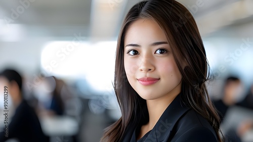 A realistic image captured by a skilled photographer features a smiling female employee in a Japanese office with long hair who works overtime.