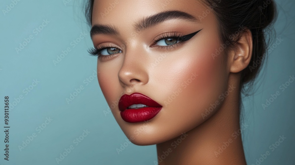 A close-up shot of a woman with meticulously applied makeup, showing off her perfect eyeliner, bold lipstick, and flawless skin, captured with a high level of detail A close-up shot of a woman with meticulously applied makeup, showing off her perfect eyeliner, bold lipstick, and flawless skin, captured with a high level of detail